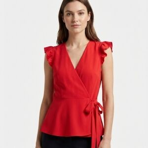 Monteau Red Flutter Sleeve Faux Wrap Peplum Blouse S tie waist Dopamine Dressing